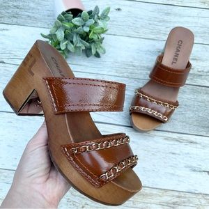 Chanel Crumpled Calfskin Brown Wood Platform Chain Block Slides 37